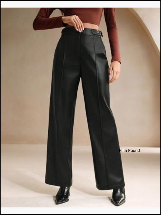 High Waist Wide Leg Faux Leather Palazzo Pants Business Casual Trousers - Picture 2 of 6